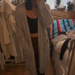 Long gray cable knit cardigan